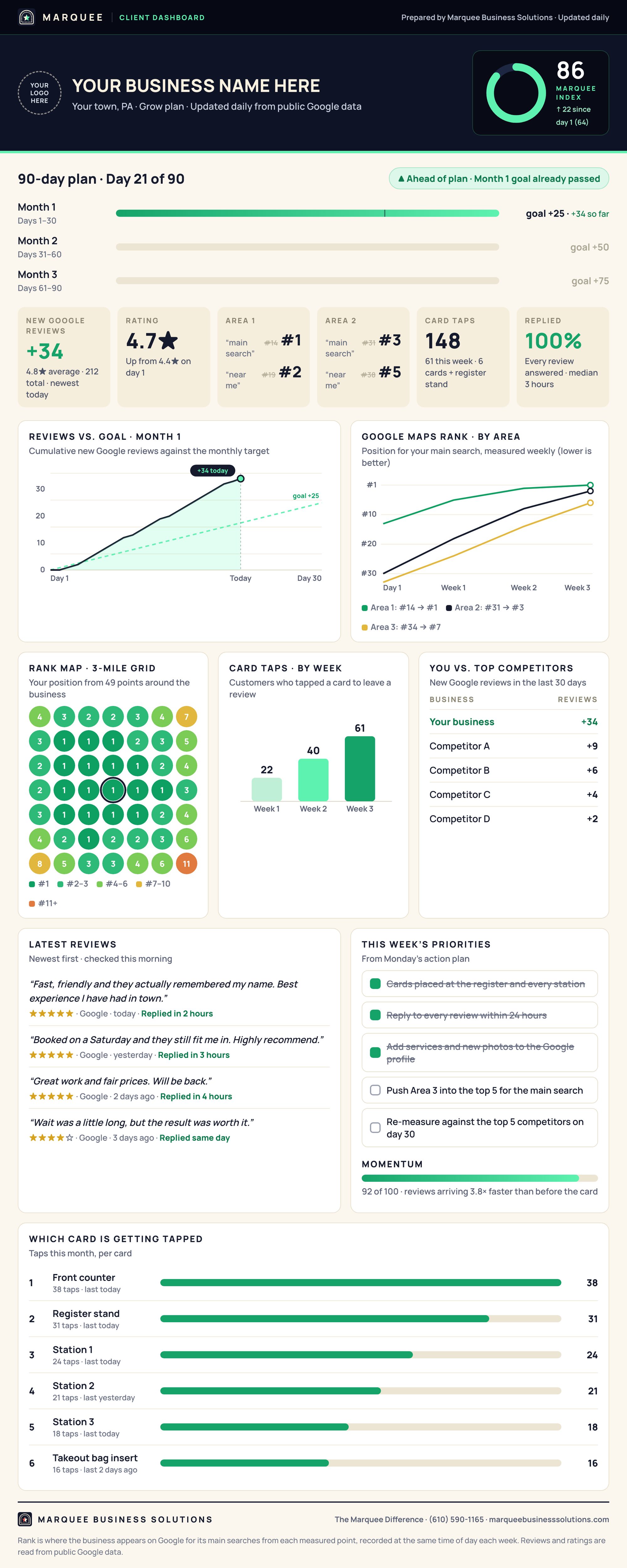 Sample dashboard with reviews against goal, Google Maps rank by area, a rank map, card taps and competitor comparison