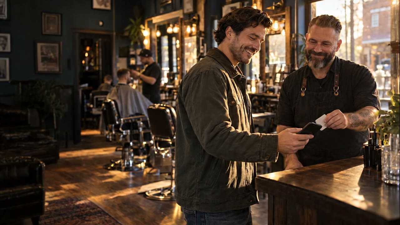 A customer taps a Marquee review card at a barbershop counter while the owner looks on